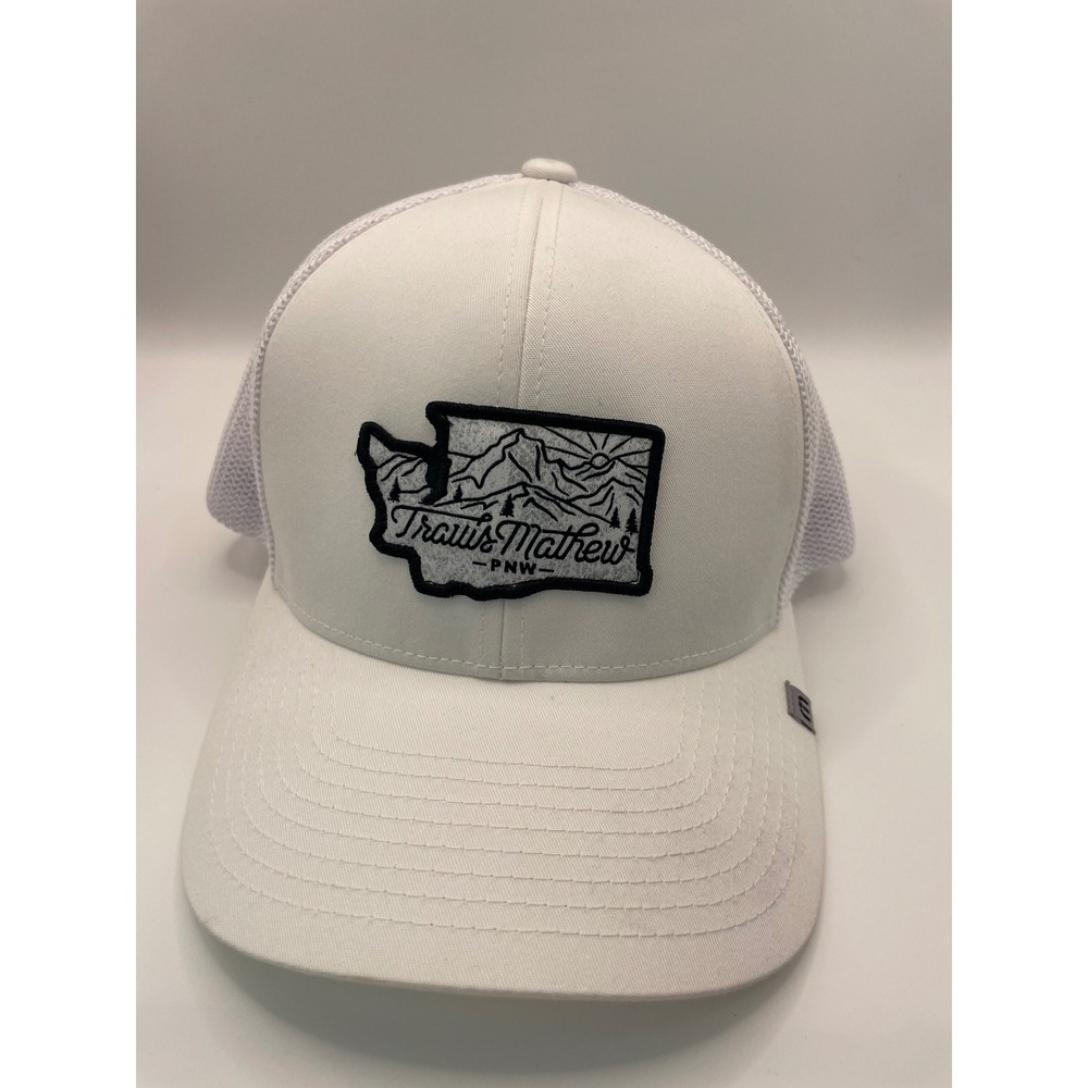 TravisMathew PNW Washington Patch Trucker Hat White Flexfit 110 Snapback Cap